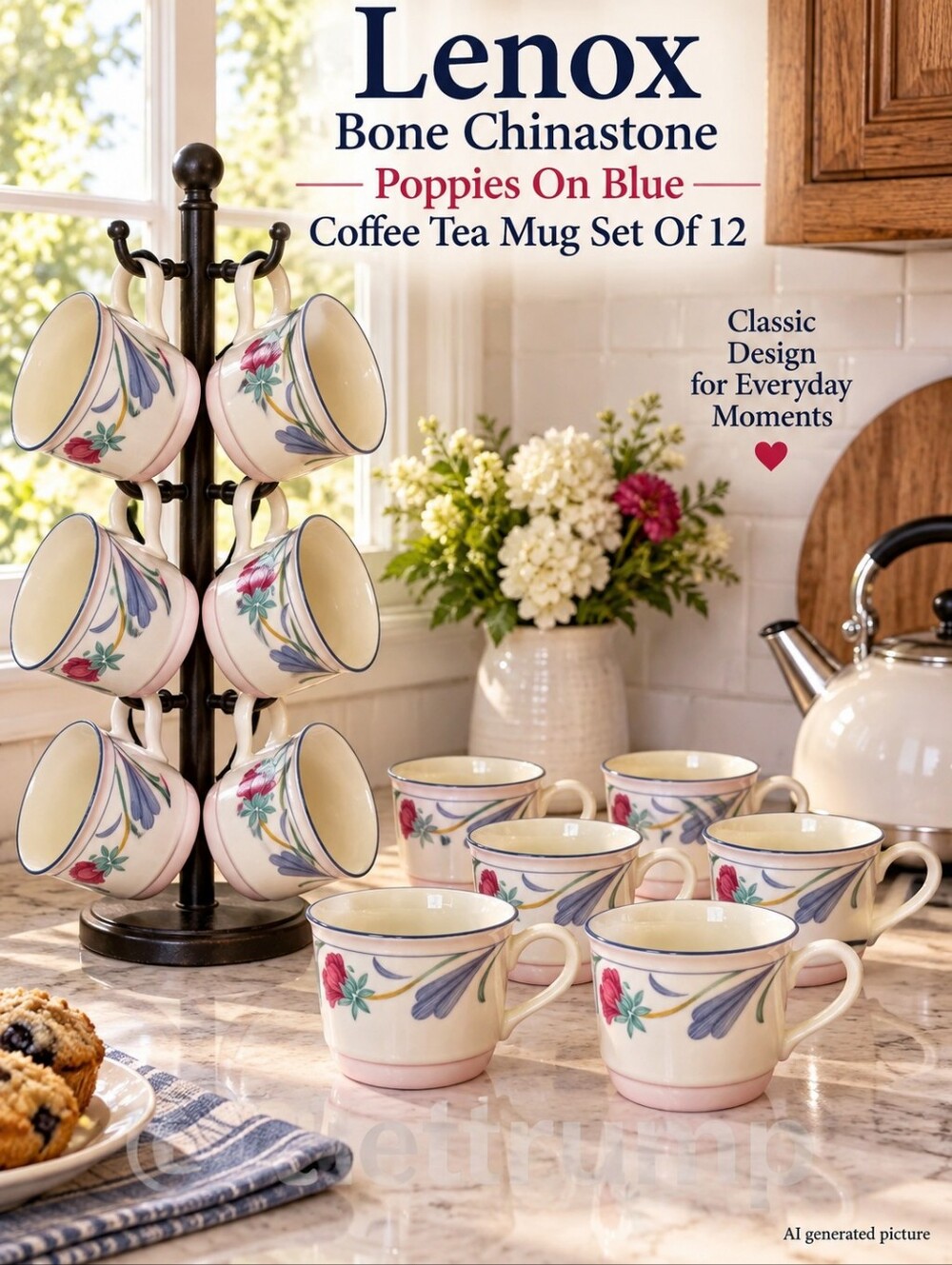 Lenox Bone Chinastone Poppies On Blue Coffee Tea Mug Set Of 12